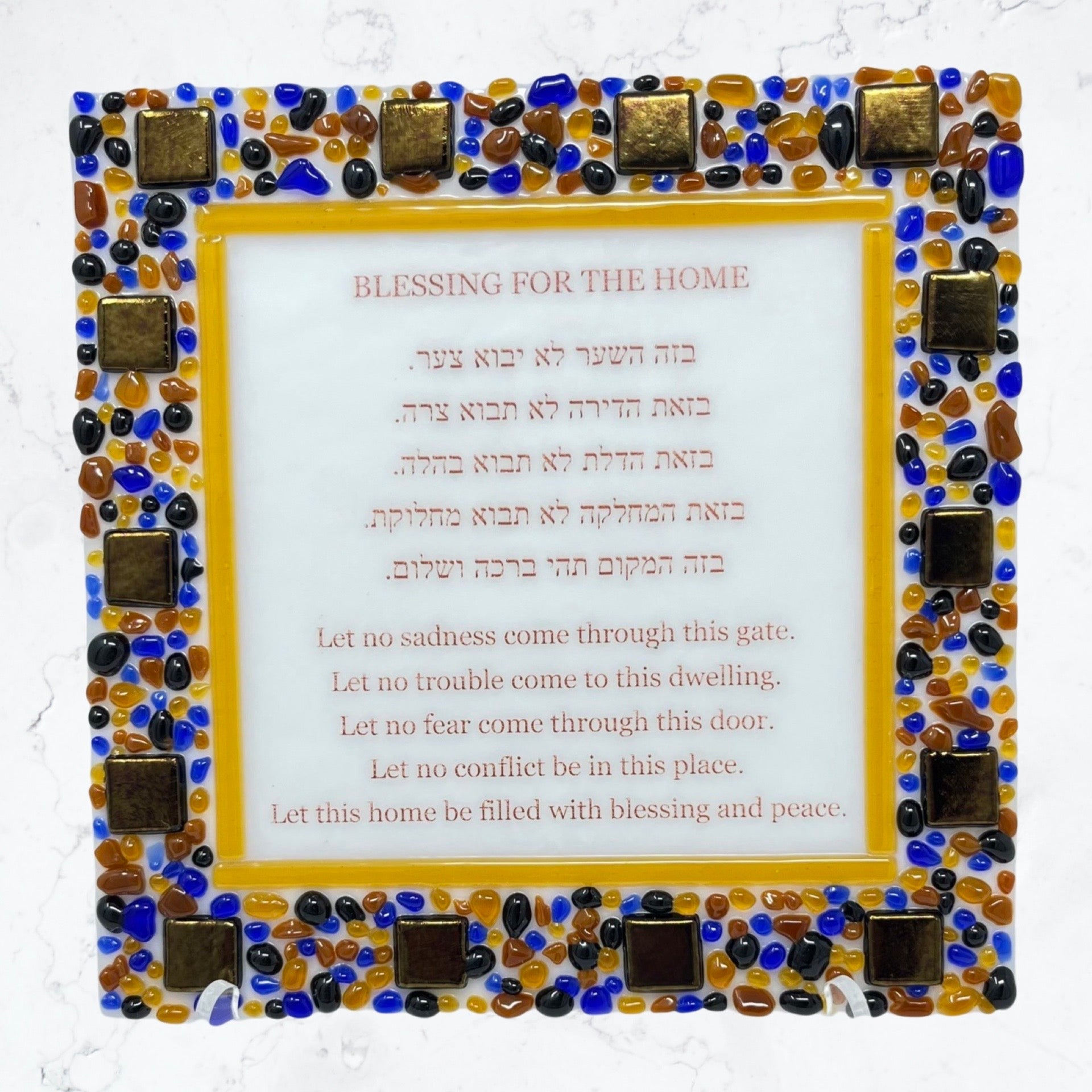 Blue and Gold Squares Blessing Plaque - Y.A. Fused Glass -