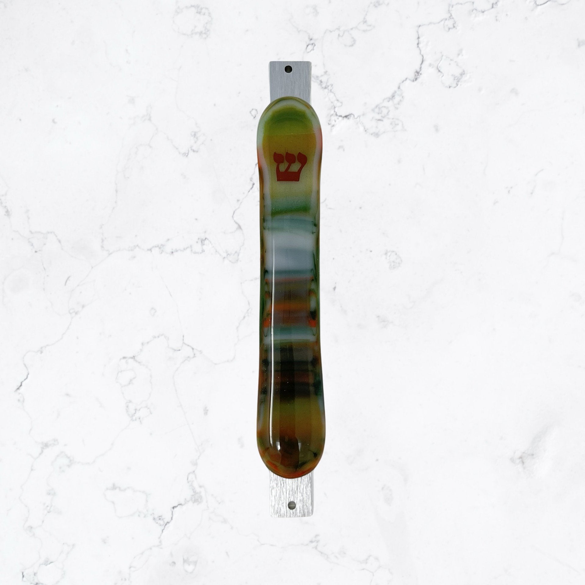 Green and Orange Striped Mezuzah 5.5” - Y.A. Fused Glass -