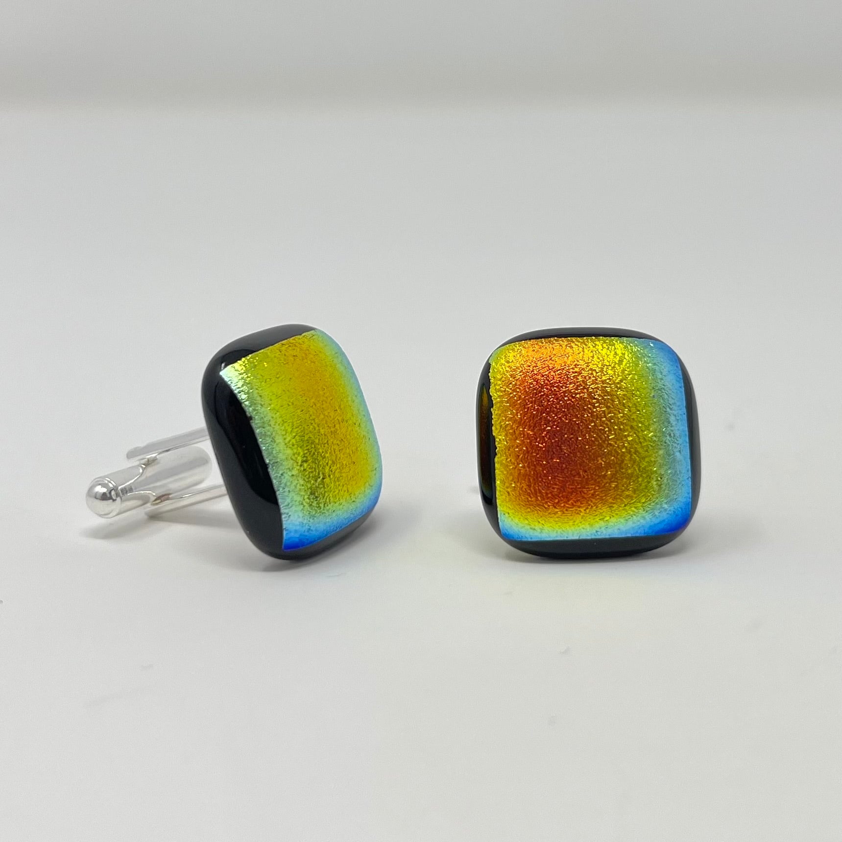 Blue, Orange, and Yellow Cufflinks, Style 2 - Y.A. Fused Glass -