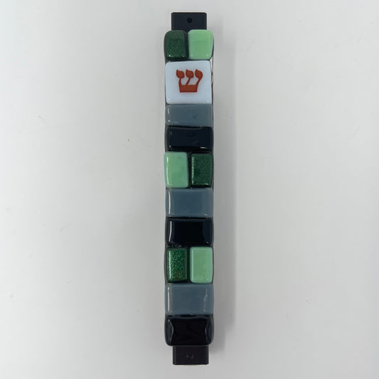 Block Patterned Mezuzah Case, Green, Gray, and Black