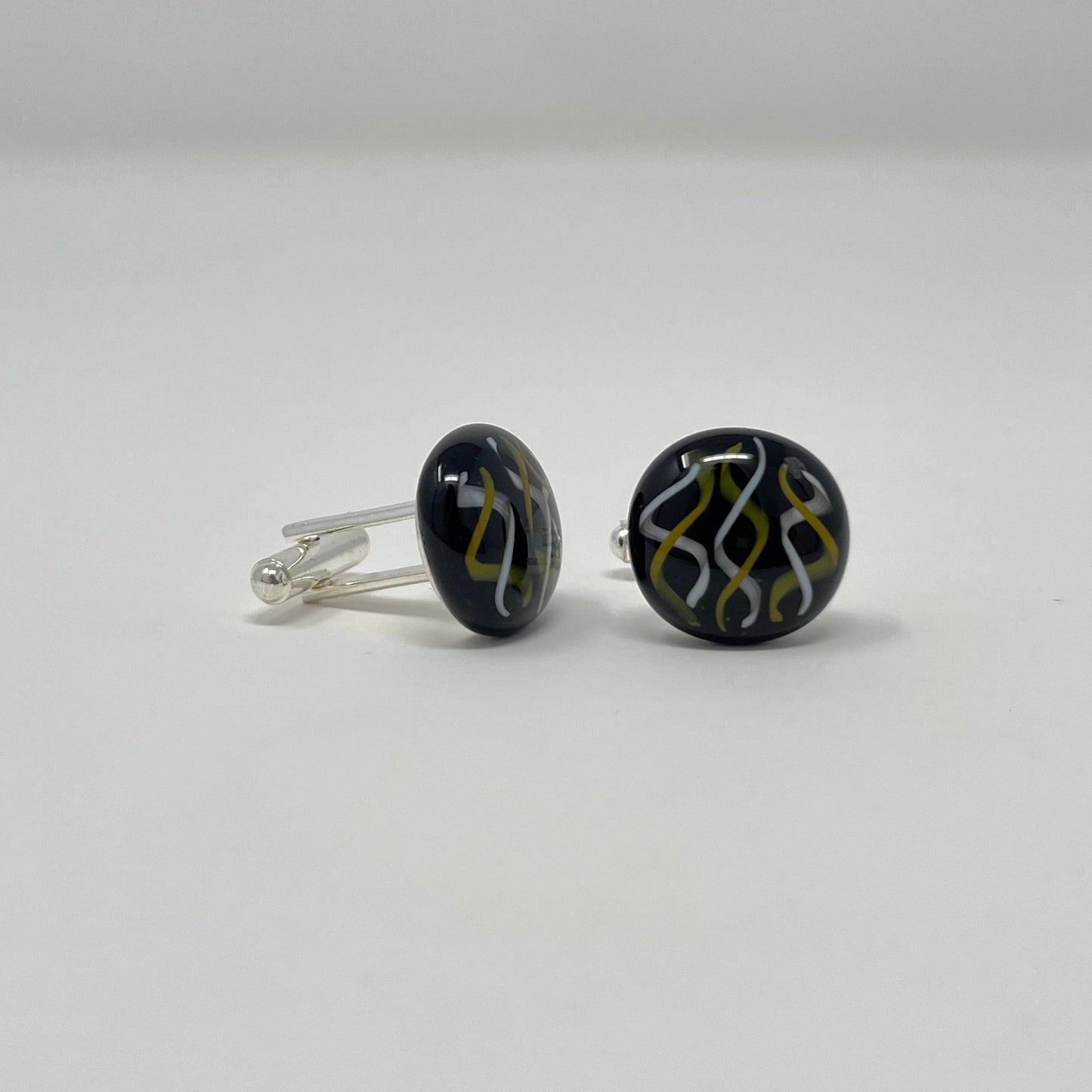 Yellow & White Swirl Cufflinks, On Black - Y.A. Fused Glass -