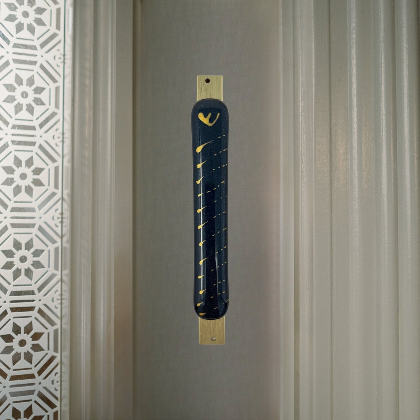 Aventurine Blue Mezuzah Case, Dotted Gold 5.5” - Y.A. Fused Glass -