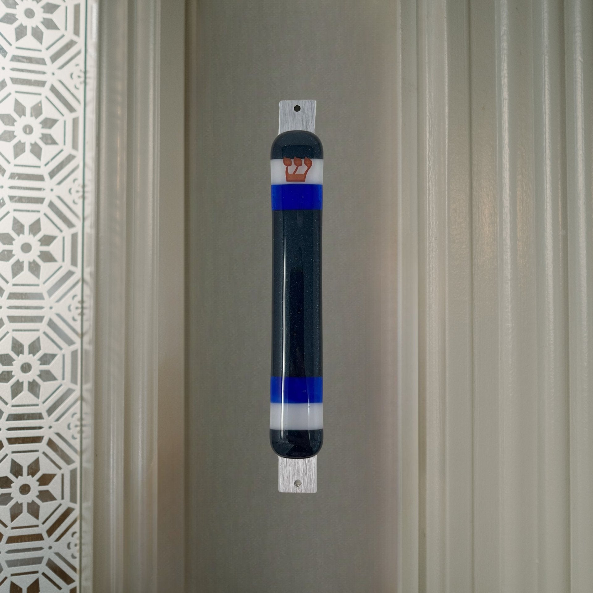 Aventurine Blue with White & Blue Stripes Mezuzah Case 5.5” - Y.A. Fused Glass -