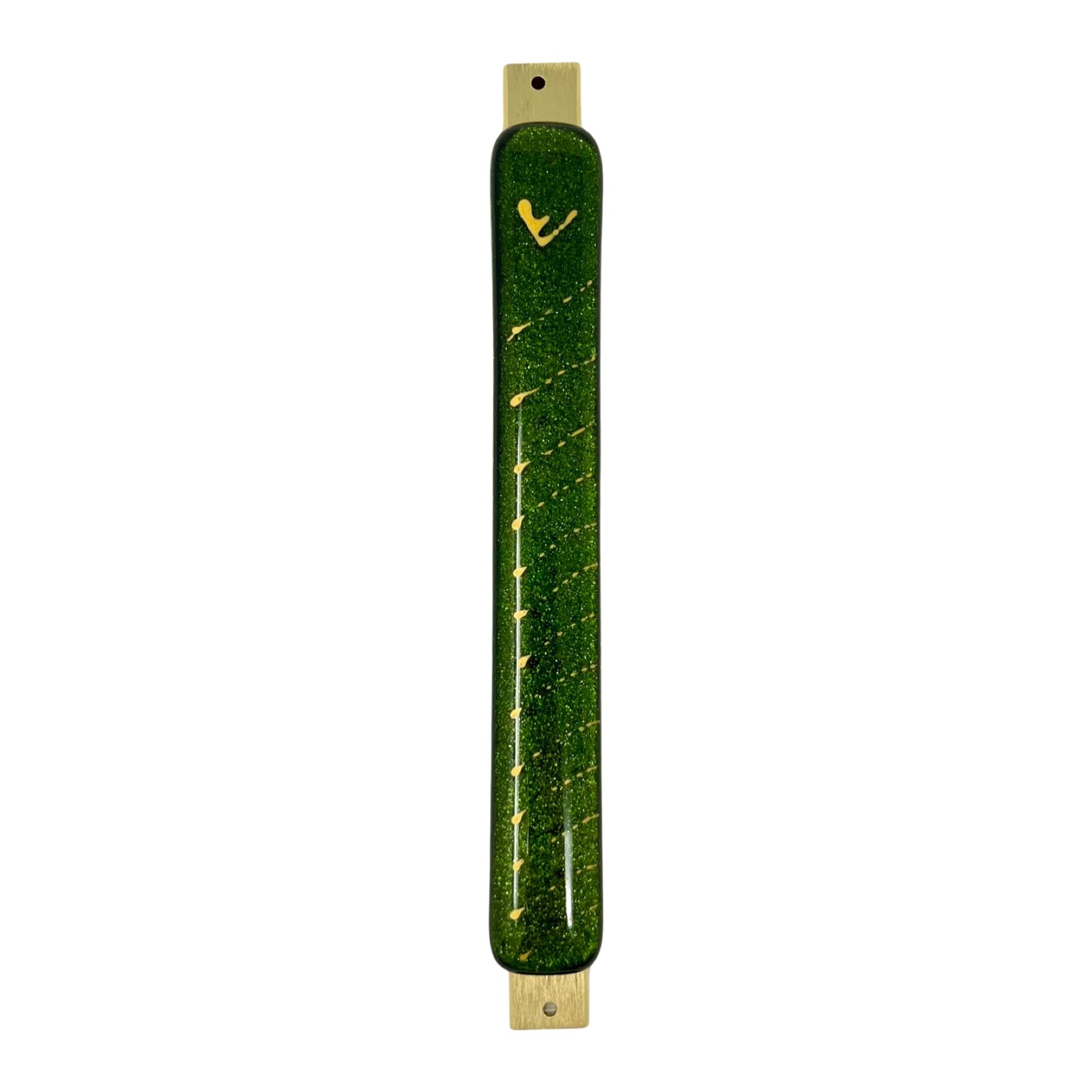 Aventurine Green Mezuzah Case, Dotted Gold 6.8” - Y.A. Fused Glass -