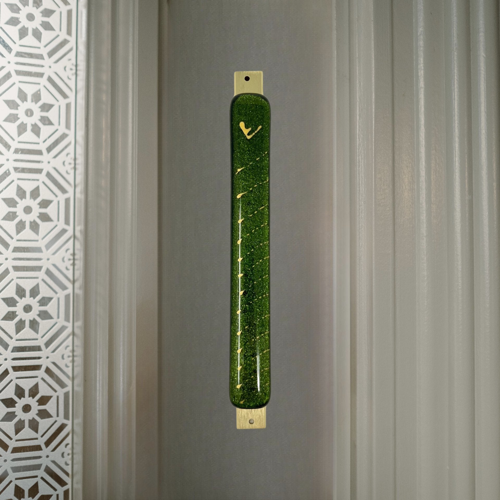 Aventurine Green Mezuzah Case, Dotted Gold 6.8” - Y.A. Fused Glass -