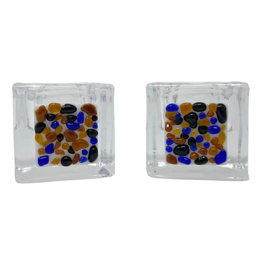 Blue, Brown, and Amber Tea Light Holders - Y.A. Fused Glass -