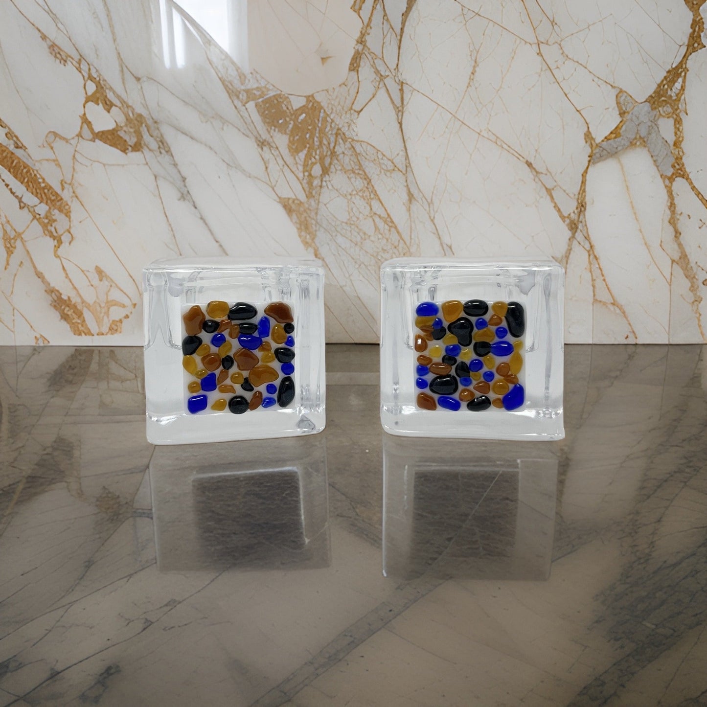 Blue, Brown, and Amber Tea Light Holders - Y.A. Fused Glass -