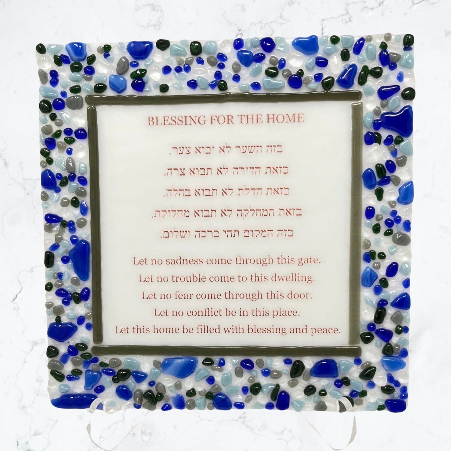 Blue, Green, and Gray Blessing Plaque - Y.A. Fused Glass -