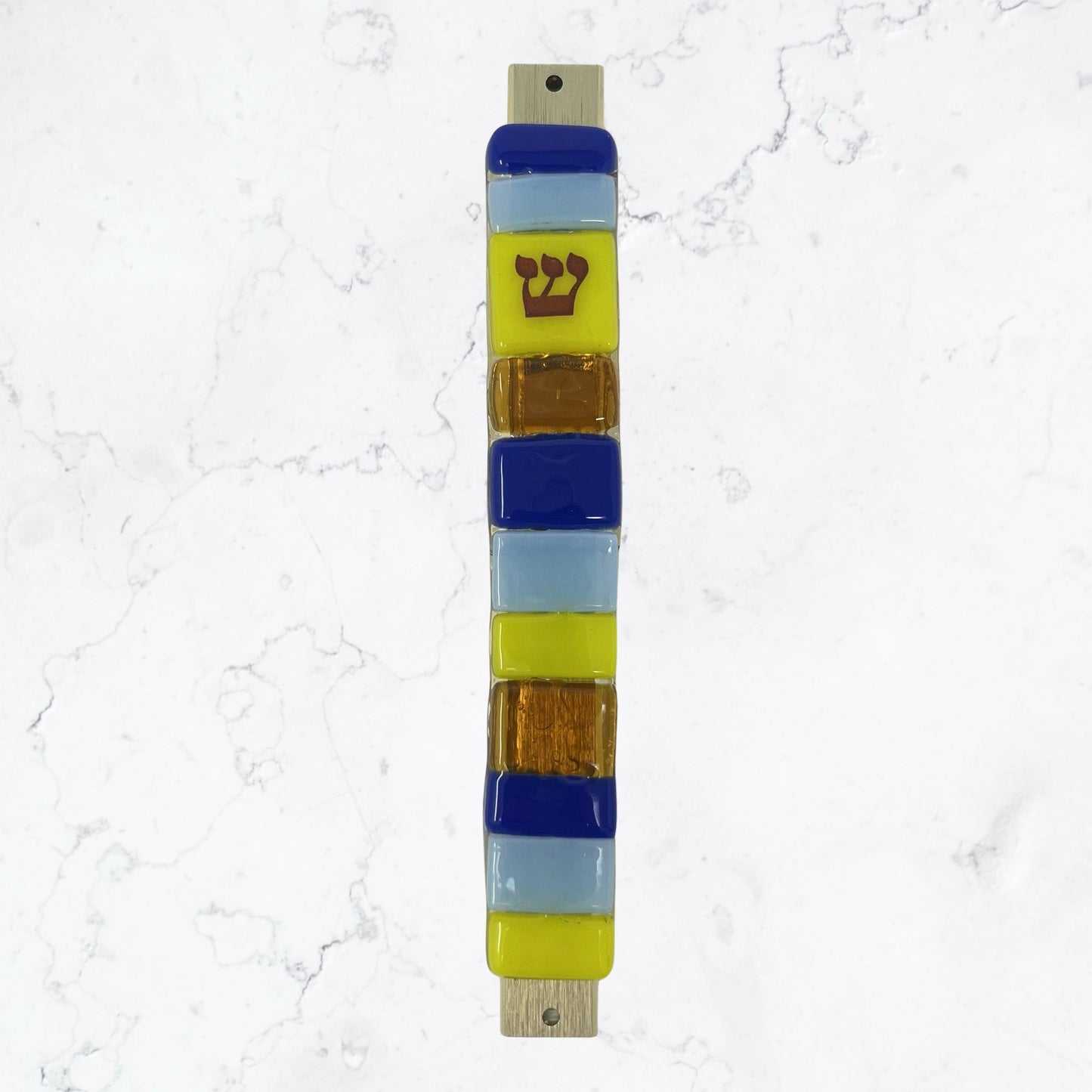 Blue, Yellow, and Amber Striped Mezuzah Case 5.5” - Y.A. Fused Glass -