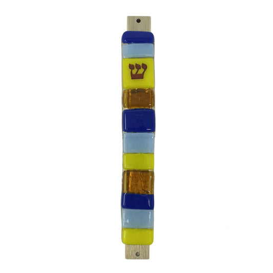 Blue, Yellow, and Amber Striped Mezuzah Case 5.5” - Y.A. Fused Glass -