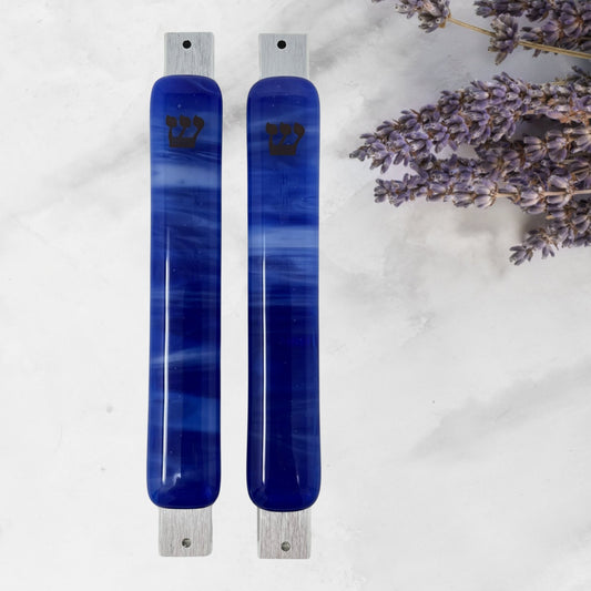 Caribbean Blue & White Swirl Mezuzah Case, 5.5” - Y.A. Fused Glass -