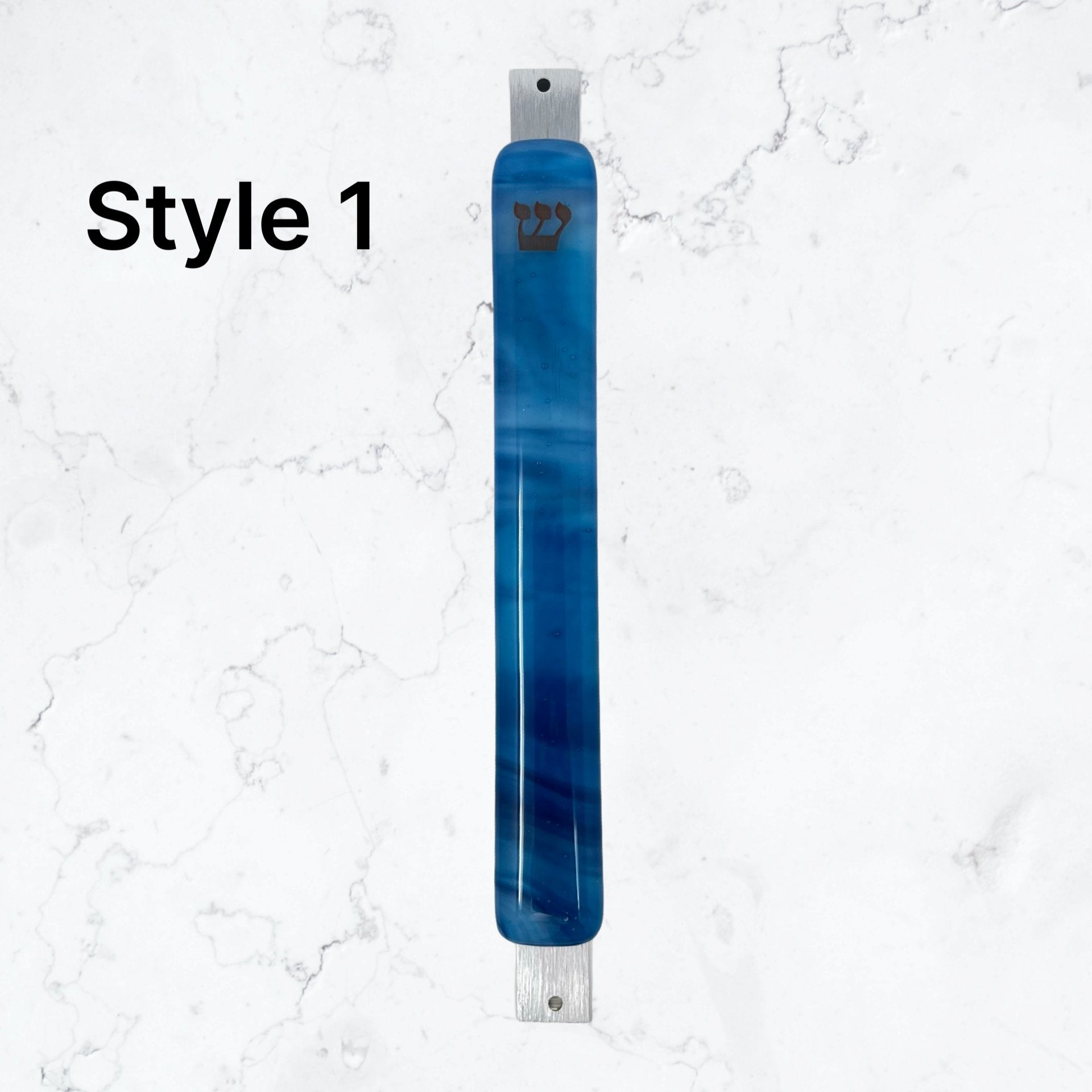 Copper Blue & White Swirl Mezuzah Case 6.8” - Y.A. Fused Glass -