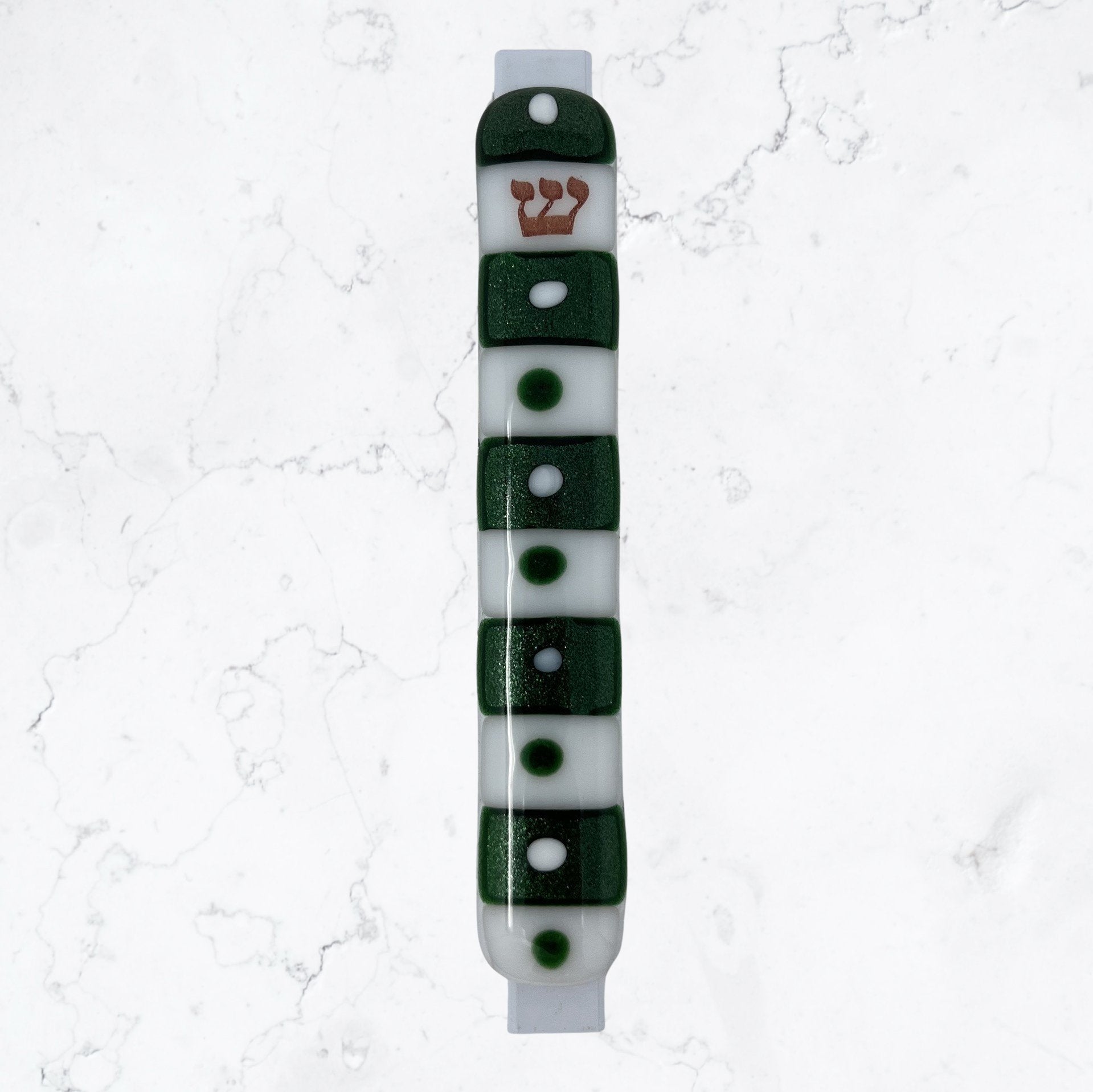 Green and White Mezuzah Case 5.5” - Y.A. Fused Glass -