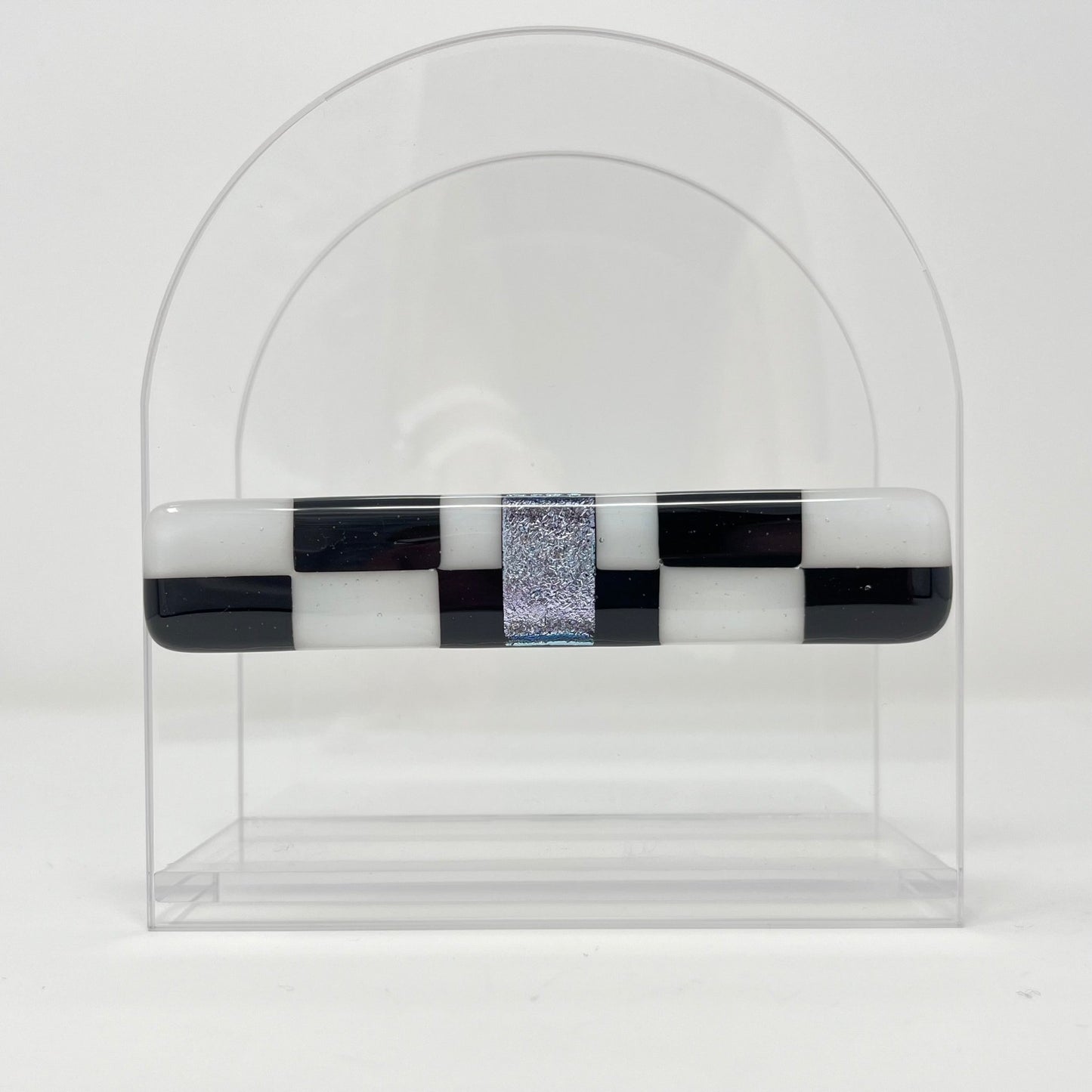 Rounded Black and White Checkered Napkin Holder, Silver Stripe - Y.A. Fused Glass -