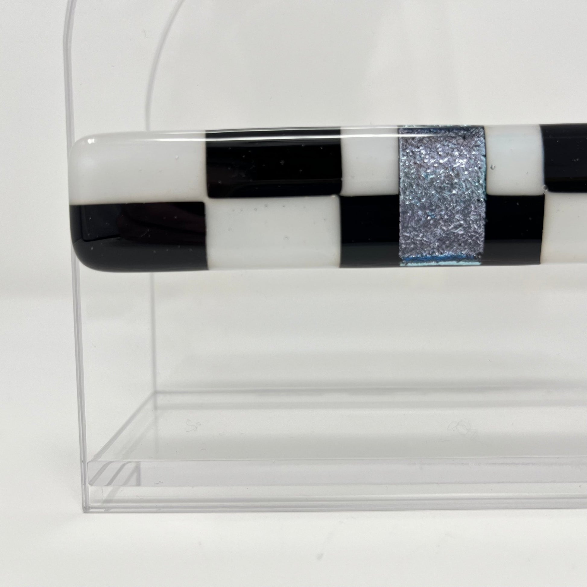 Rounded Black and White Checkered Napkin Holder, Silver Stripe - Y.A. Fused Glass -